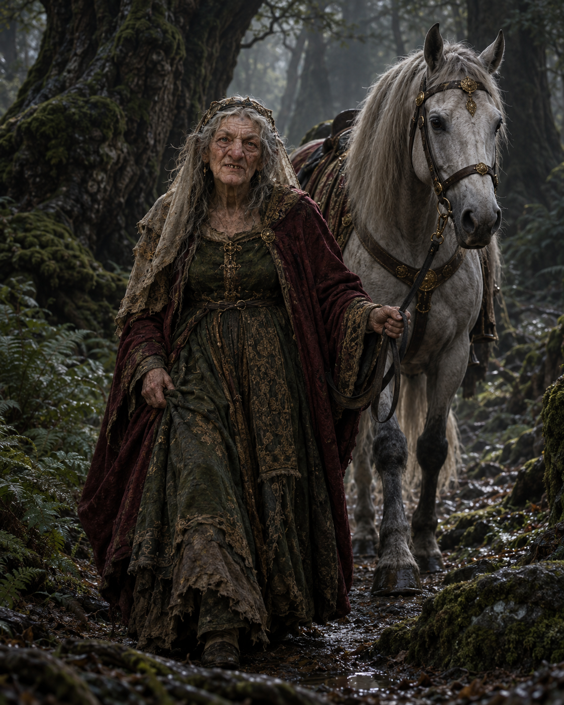 Illustration of Dame Ragnell with her richly harnessed horse in the forest